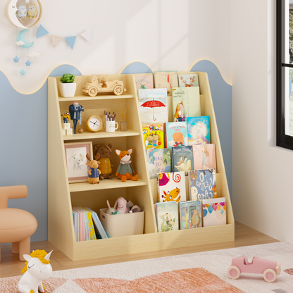 Kids Bookshelf and Toy Storage Organizer, Multifunctional 4 Tier Wooden Kids Book Shelf with  Bookcase Display Stand in Kids Room Playroom Nursery for Kids, Children, Toddlers (Natural)