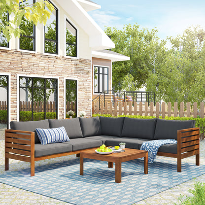 <Old SKU: FV201207AAE. Note: Modify Size> Wood Structure Outdoor Sofa Set with gray Cushions Exotic design Water-resistant and UV Protected texture High quality acacia wood Strong Metal Accessorie