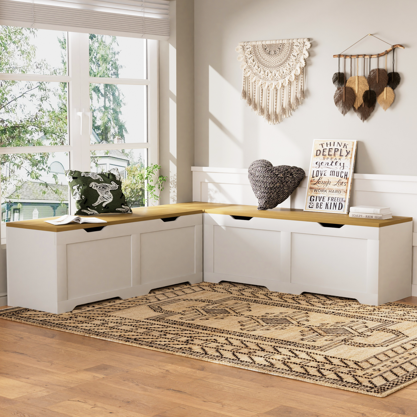 3-Piece L-Shaped Multi-Functional Storage Bench with Cushion, serving as a kitchen corner bench, toy storage box, or reading nook seat., White and Natural, 63'D x 63'W x 19.1'H