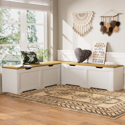 3-Piece L-Shaped Multi-Functional Storage Bench with Cushion, serving as a kitchen corner bench, toy storage box, or reading nook seat., White and Natural, 63'D x 63'W x 19.1'H