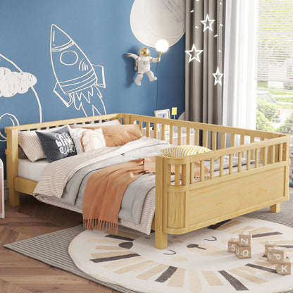 Full Size Wood Platform Bed for Kids, Wood Low Profile Full Bed with Rails for Girls and Boys, Natural (Patented Design, Old SKU W2593P233781)
