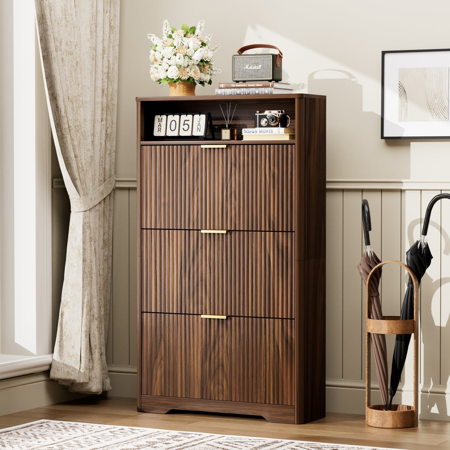 Shoe Cabinet Storage for Entryway Hidden Shoes Storage Cabinet with 3 Flip Drawers, Tall Free Standing Shoe Organizer Rack for Foyer, Hallway. Walnut ,31.6'' L x 9.6'' W x 54.4'' H.