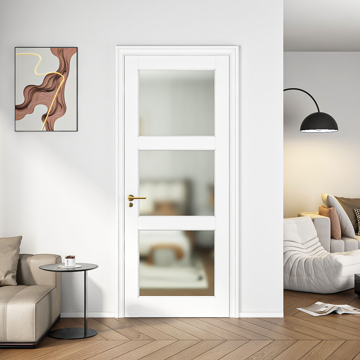 32' X 80'3-Lite French Interior Tempered Frosted Glass Door Slab for Pantry Doors, French & Pocket Doors, Solid Core Interior Door w/o Hardware Kit, Prehung Jamb or Borehole, White