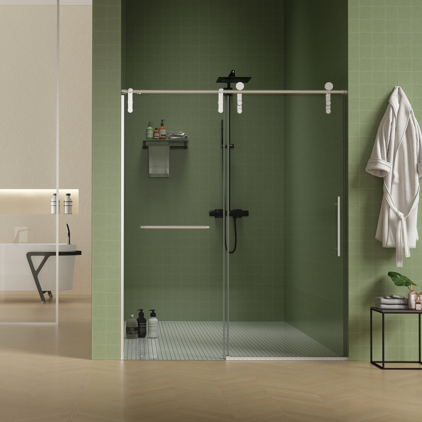 56'-60'W x 70'H Frameless Shower Door, Sliding Shower Door, Premium 5/16'(8mm) Thick Tempered Glass Shower Enclosure with Towel Bar ,Double Side Easy Clean Coat,Brushed Nickel Finished With Buffer