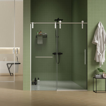 56'-60'W x 70'H Frameless Shower Door, Sliding Shower Door, Premium 5/16'(8mm) Thick Tempered Glass Shower Enclosure with Towel Bar ,Double Side Easy Clean Coat,Brushed Nickel Finished With Buffer