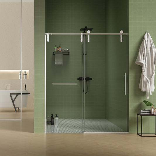 56'-60'W x 70'H Frameless Shower Door, Sliding Shower Door, Premium 5/16'(8mm) Thick Tempered Glass Shower Enclosure with Towel Bar ,Double Side Easy Clean Coat,Brushed Nickel Finished With Buffer