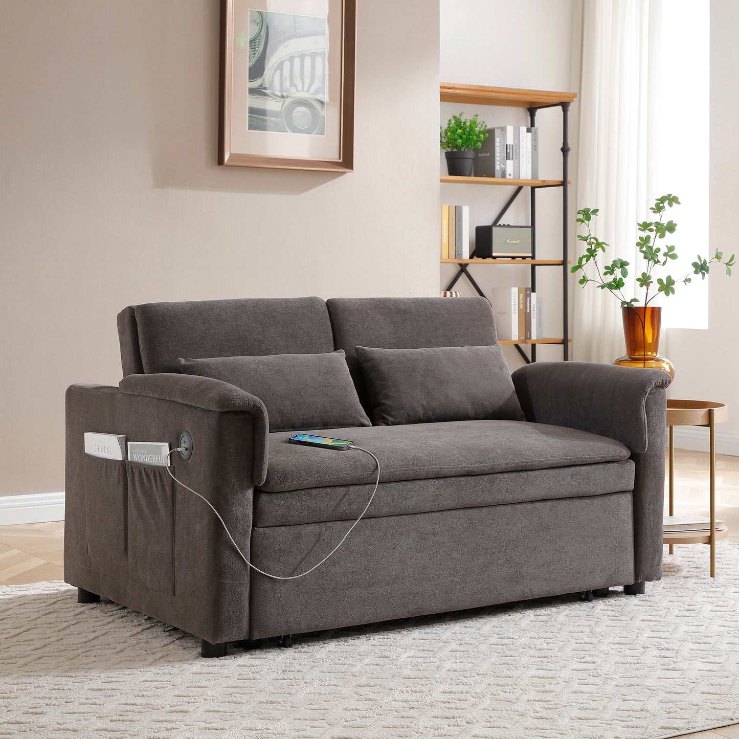 55' Velvet Two Seater Pull Out Sofa Bed, Adjustable Backrest With  USB Ports, Two Side Pockets, 3 in 1 Convertible Sleeper Sofa Bed, Modern Love Seat Lounge,2 waist pillows for living rooms,GREY