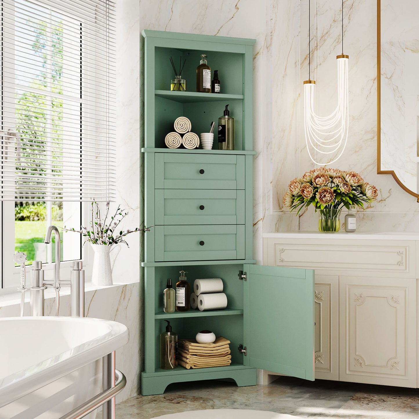 Green Triangle Tall Cabinet with 3 Drawers and Adjustable Shelves for Bathroom, Kitchen or Living Room, MDF Board with Painted Finish(Old Sku:WF306469AAG)