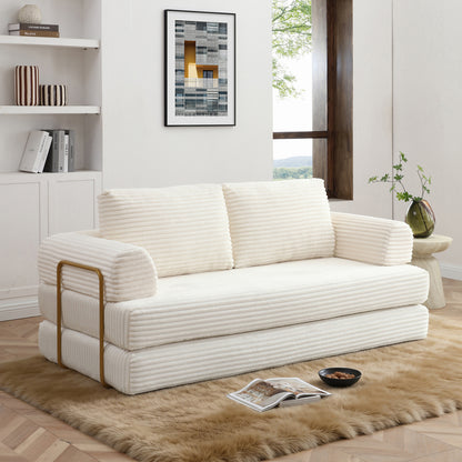 Convertible Sofa Bed, Folding Floor Couch Corduroy Fold Out Couch Bed Futon Sleeper Mattress with Pillows, Boneless Sofa  for Living Room Bedroom, Beige