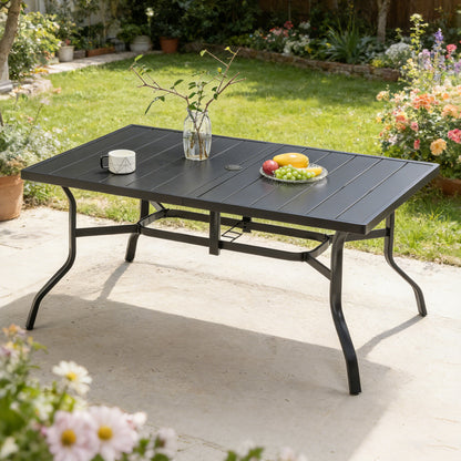 Outdoor Dining Table for 6, Powder-Coated Steel Slat Top with 2.16' Umbrella Hole, Anti-Slip Pads, E-Coating Frame, All-Weather Black Patio Table for Garden, Poolside, Backyard