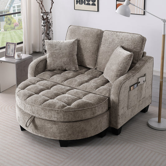 Two-seater sofa, double sofa chaise longue, with irregular armrests and backrests, footrest with storage space, comes with two small throw pillows, suitable for living room and bedroom - Brown