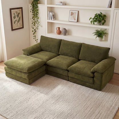 Modular Sectional Sofa, L Shape Cloud Couch with 1 Movable Ottoman, Comfy Chenille Deep Seat Sofa with Soft Pillows for Living Room Apartment (Green)