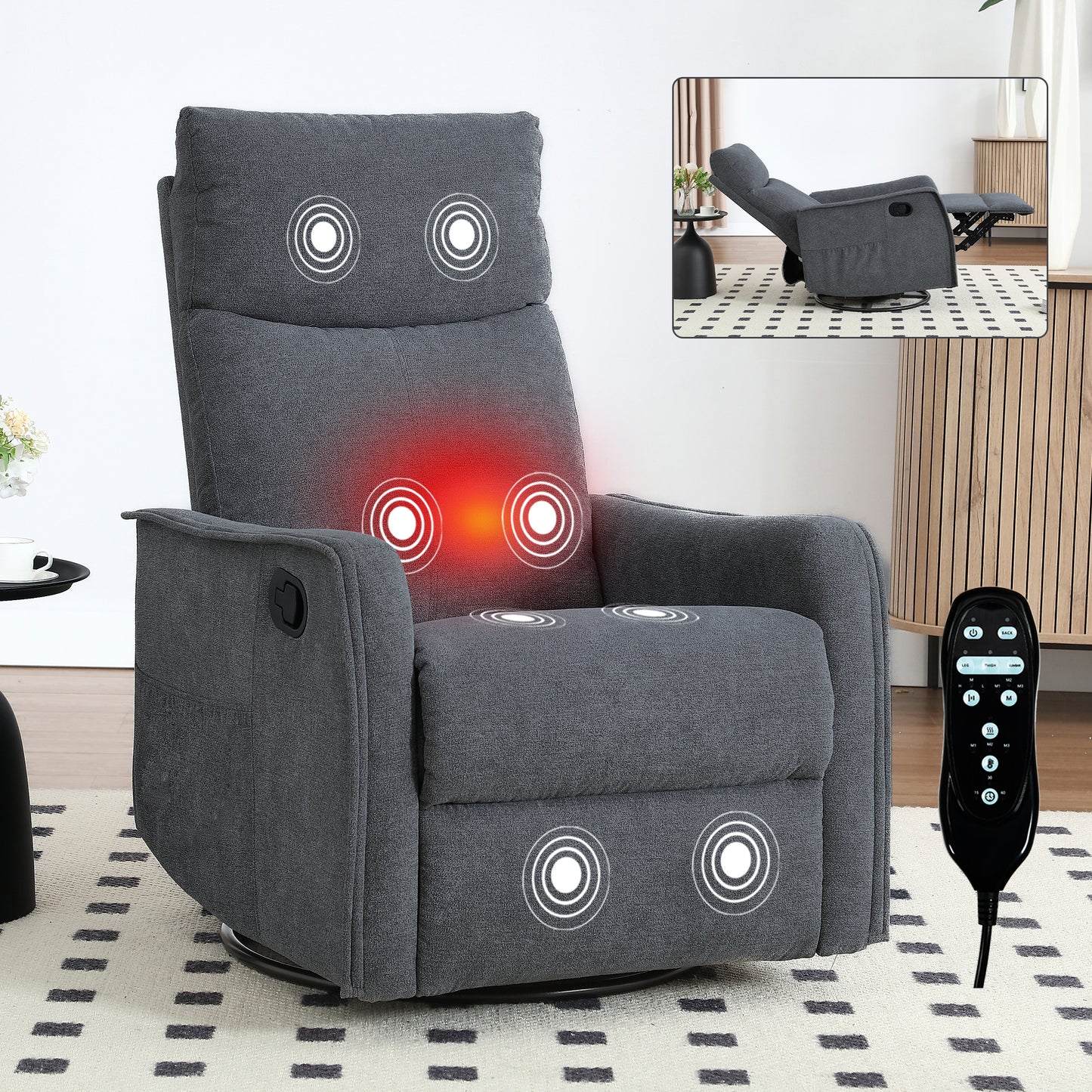 Heat Massage Manual Recliner Chair with Rocker and Swivel in Fabric for Living Room, Grey