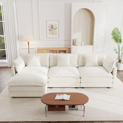 Free Combination Comfy Upholstery Modular Oversized L Shaped Sectional Sofa With Reversible Ottoman, White Chenille