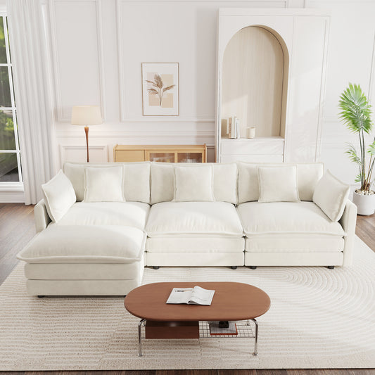Free Combination Comfy Upholstery Modular Oversized L Shaped Sectional Sofa With Reversible Ottoman, White Chenille