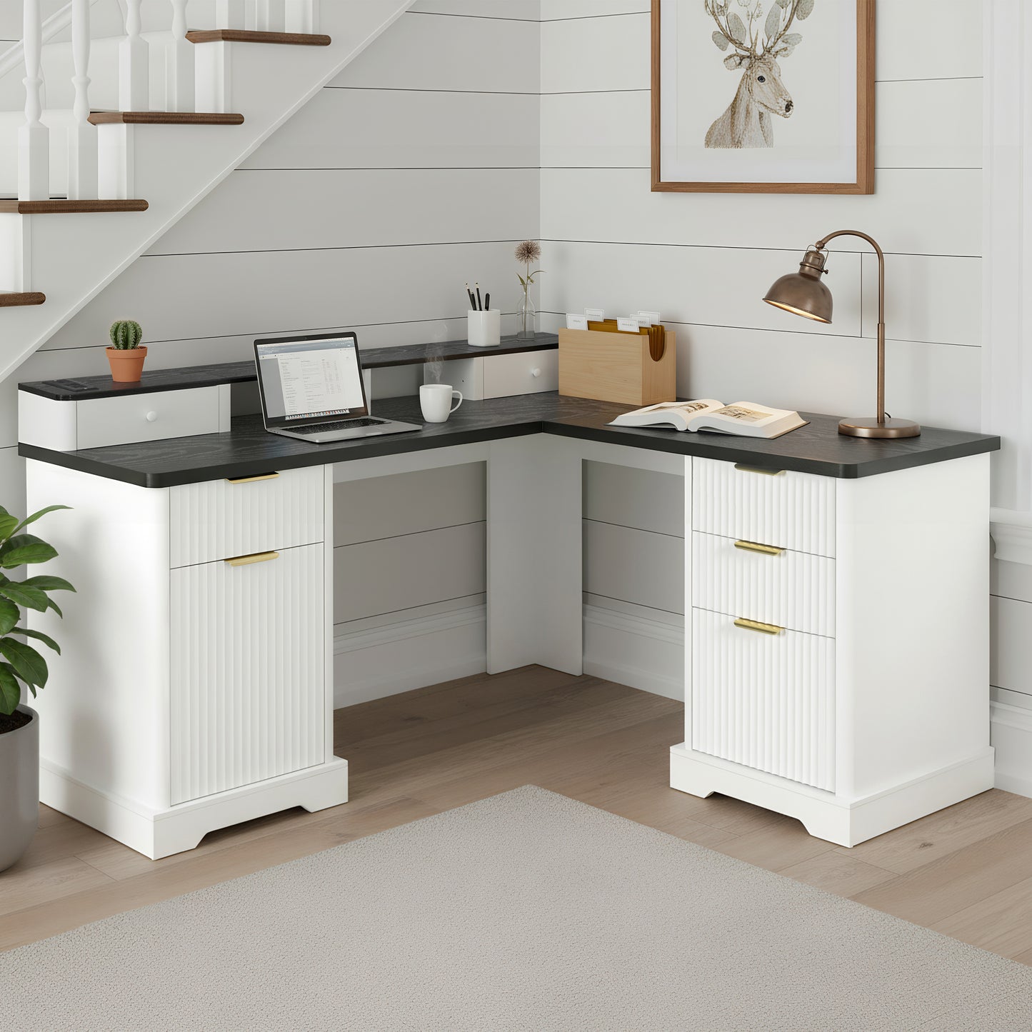 59' Modern Fluted L-Shaped Desk with Charging Station & Storage Cabinet - Home Office Computer Desk with Monitor Stand, File Drawer and Removable Support Shelf for Study, Home Office, White
