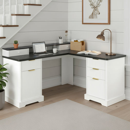 59' Modern Fluted L-Shaped Desk with Charging Station & Storage Cabinet - Home Office Computer Desk with Monitor Stand, File Drawer and Removable Support Shelf for Study, Home Office, White