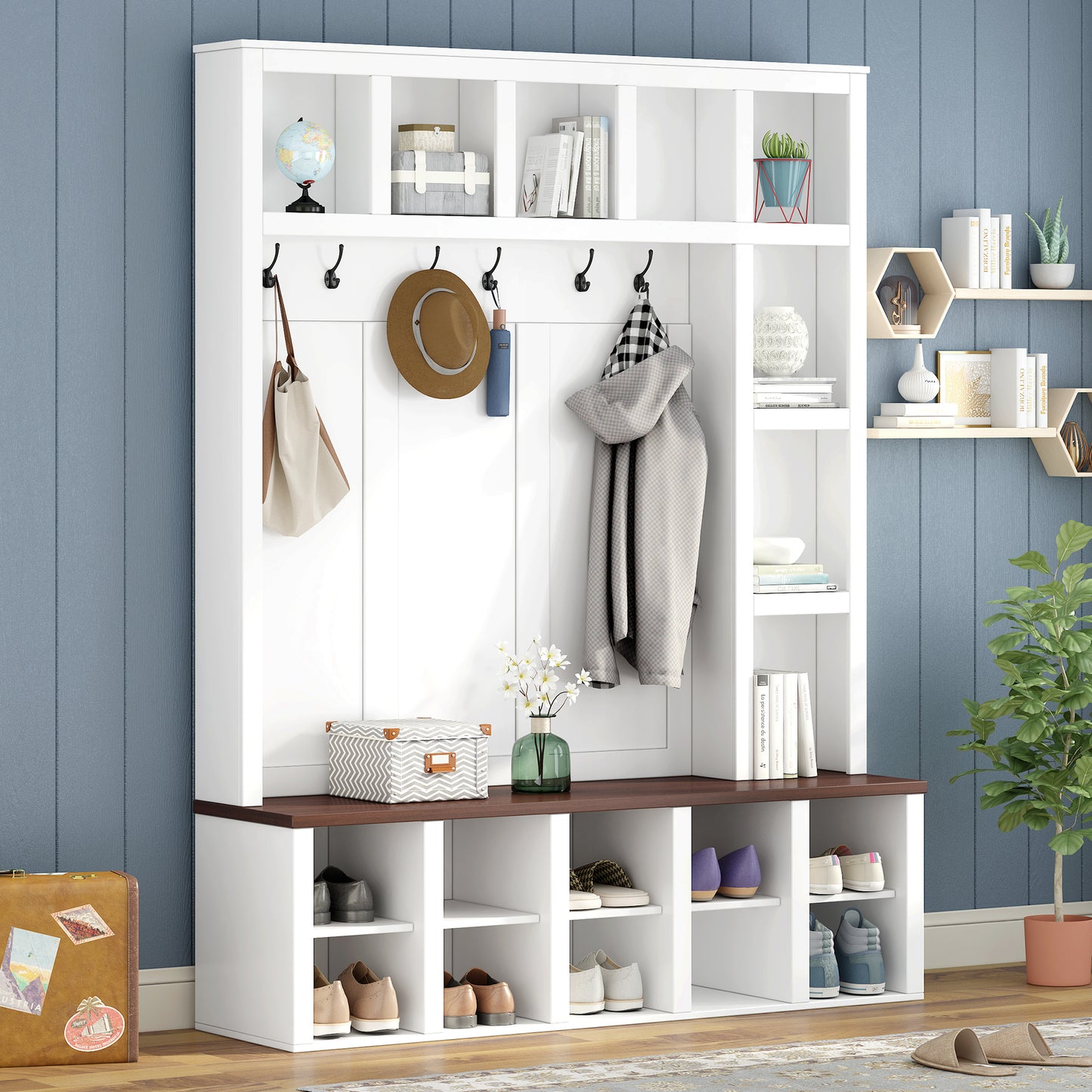 Farmhouse Wooden Hall Tree with 6 Hooks, Walnut Storage Bench with Adjustable Shelves, 4-in-1 Entryway Shoe Cabinet with Cubbies for Mudroom, Living Room, White, 76.7'H (OLD SKU: N721S000044K)