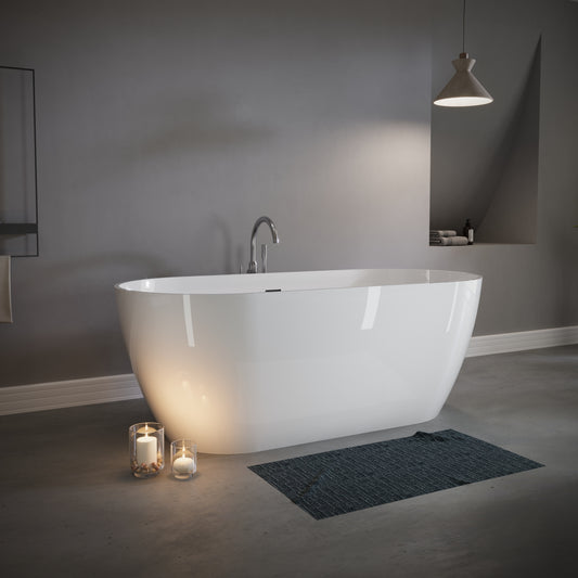 59' Freestanding Solid Surface Bathtub, Luxury Stone Resin Freestanding Soaking Bathtub with Overflow and Pop-up Drain for Contemporary Bathroom, Glossy White TH-25S03-59GW