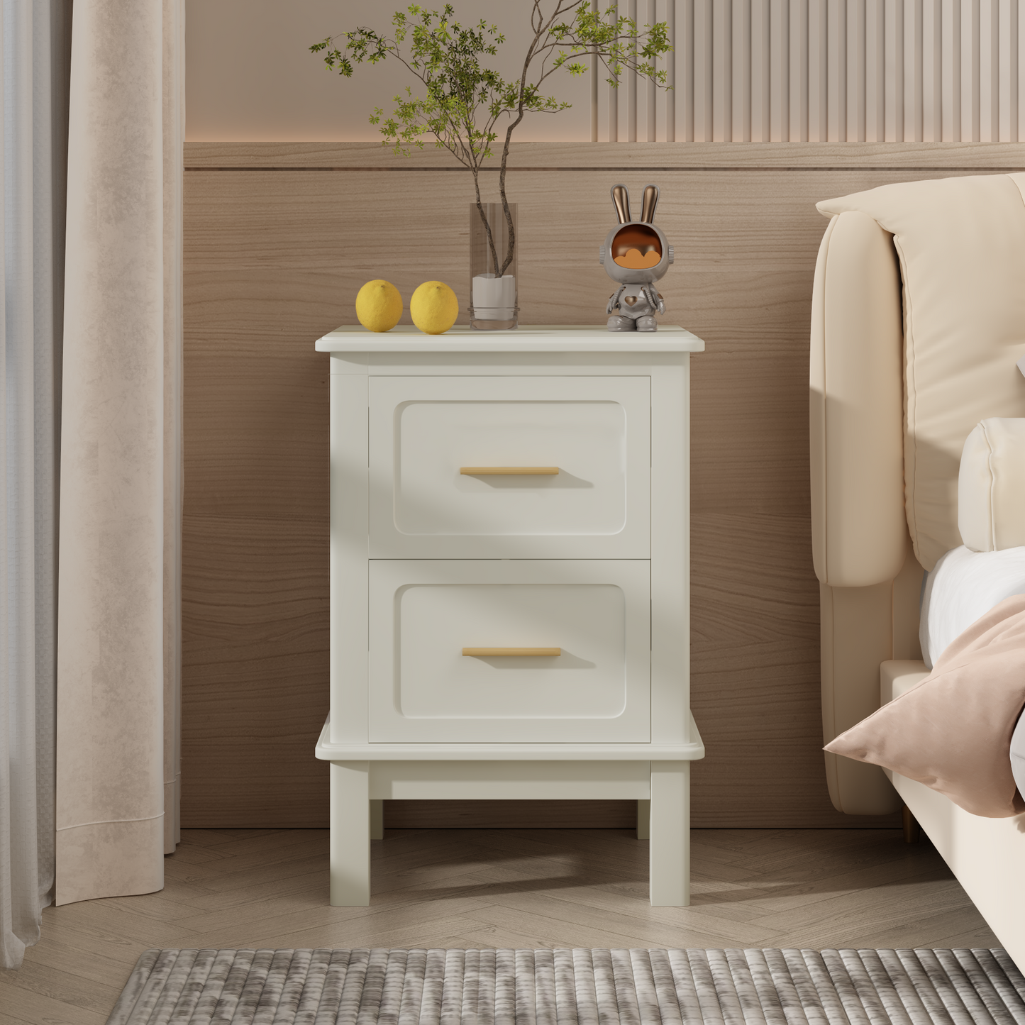 Modern  Nightstand with 2 Drawers, Bedroom Bedside Table with Gold Handles, Sturdy Wood Accent Table for Small Spaces, Living Room, Kids Room & Guest Room-Off White