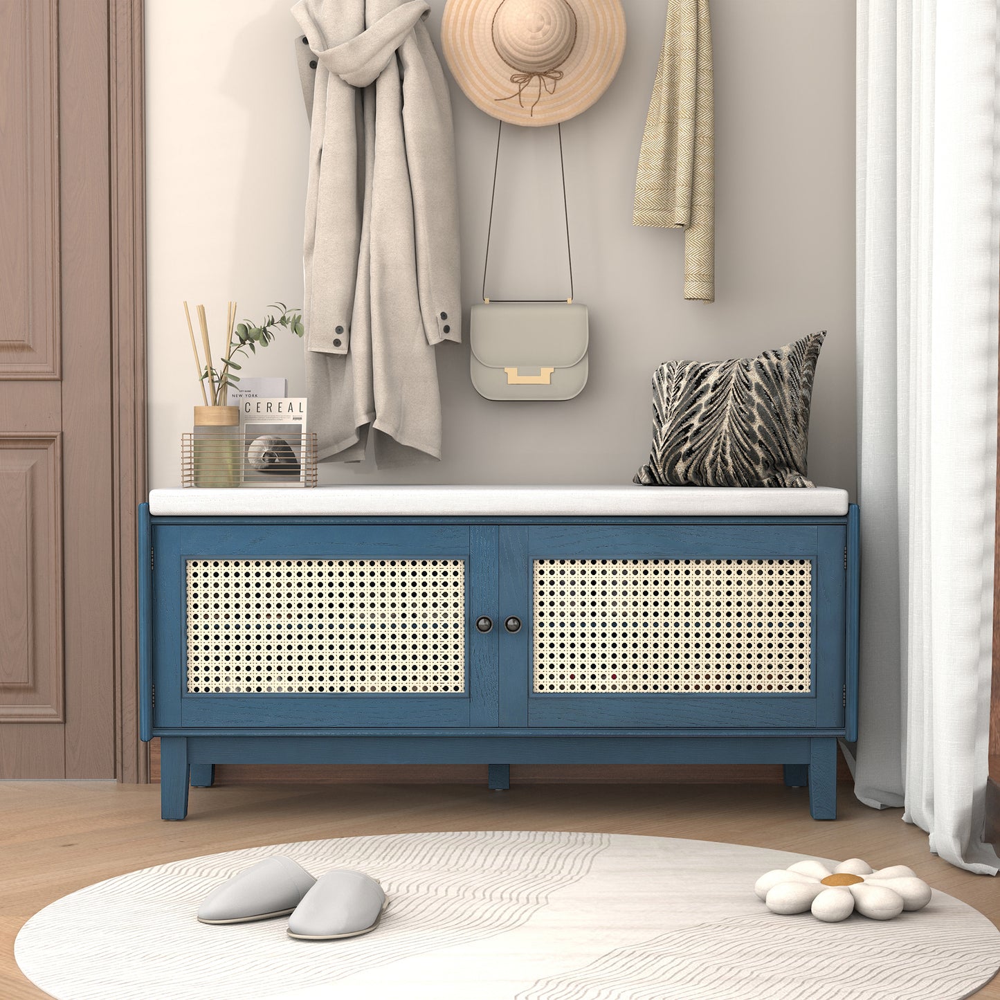 TREXM Boho Rattan Entryway Bench with Storage, Cushioned Shoe Bench with Double Doors, Wooden Shoe Organizer Bench for Entryway and Hallway (Antique Navy+Beige )