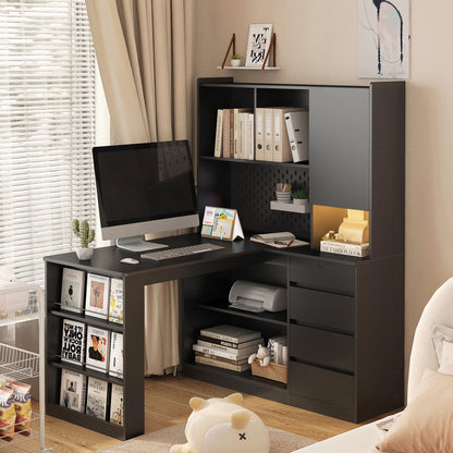 L Shaped Desk with Charger,Computer Desk with Drawers,Bookshelf, with LED Light,Modern Corner Desk,Home Office Desk,L-Shaped Study Table Writing Desk,Corner Gaming Computer Desk with Storage