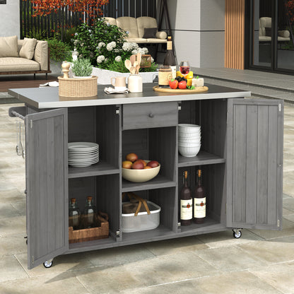 Outdoor Kitchen Island Fir Wood Kitchen Island with Stainless Steel Top, Ample Storage Space, Towel and Spice Racks and a Bottle Opener for Outdoor, Grey