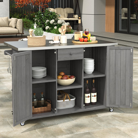 Outdoor Kitchen Island Fir Wood Kitchen Island with Stainless Steel Top, Ample Storage Space, Towel and Spice Racks and a Bottle Opener for Outdoor, Grey