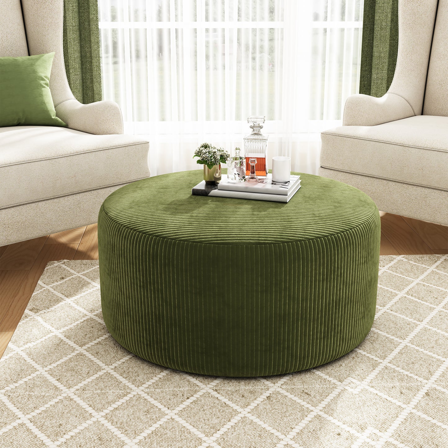 Upholstered Round Ottoman,Olive Green,Corduroy