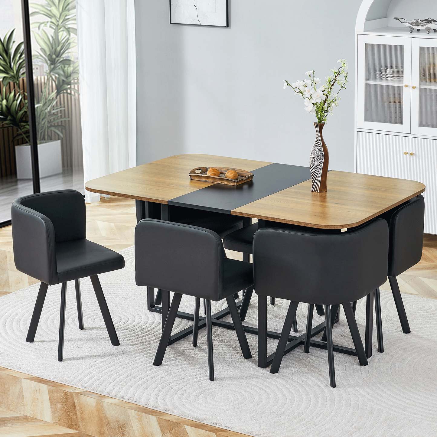 7-Piece Dining Table Set for 6, 1 Table & 6 Black PU Upholstered Chairs, Black & Wood Grain Melamine Table, Modern Kitchen Nook Set for Dining Room, Apartment & Small Space