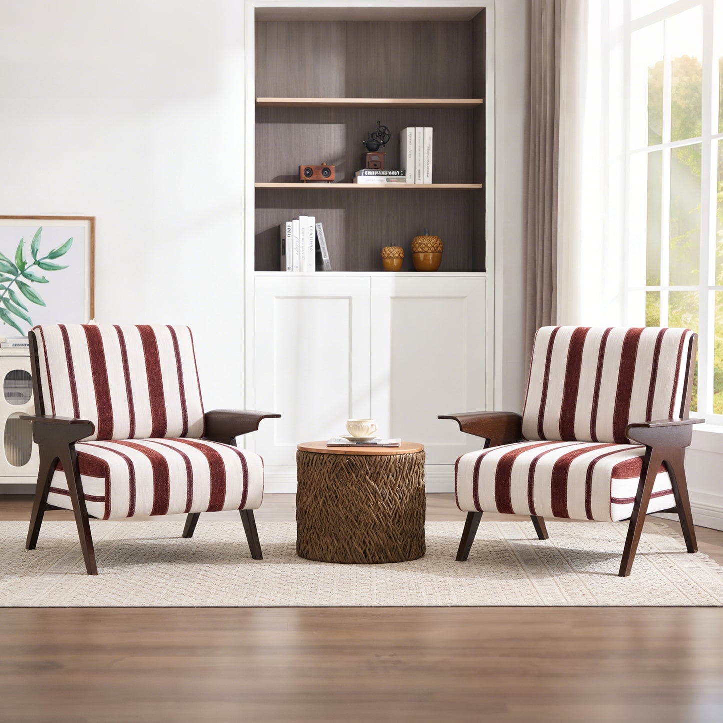 Modern armchair Widened armrests on both sides Solid wood legs Comfortable to sit on, casual reading chair, living room, bedroom, office Red and white stripes(One Pack)
