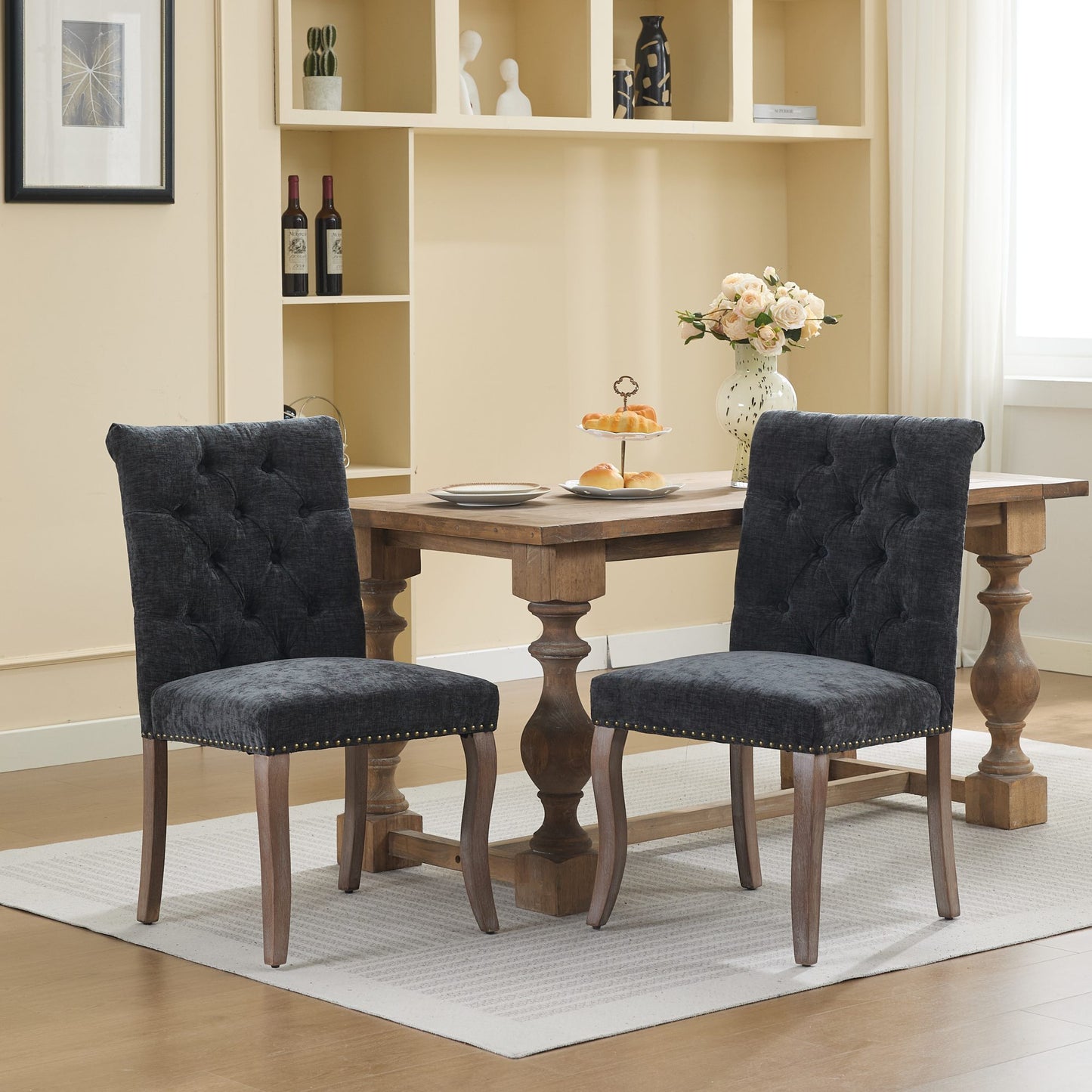 Upholstered Chenille Fabric Accent Dining Chair, Curved Solid Wood Legs, Elegant Tufted Club Dining Room Kitchen Room Dining Chair, Set of 2,Black,SW1894BK