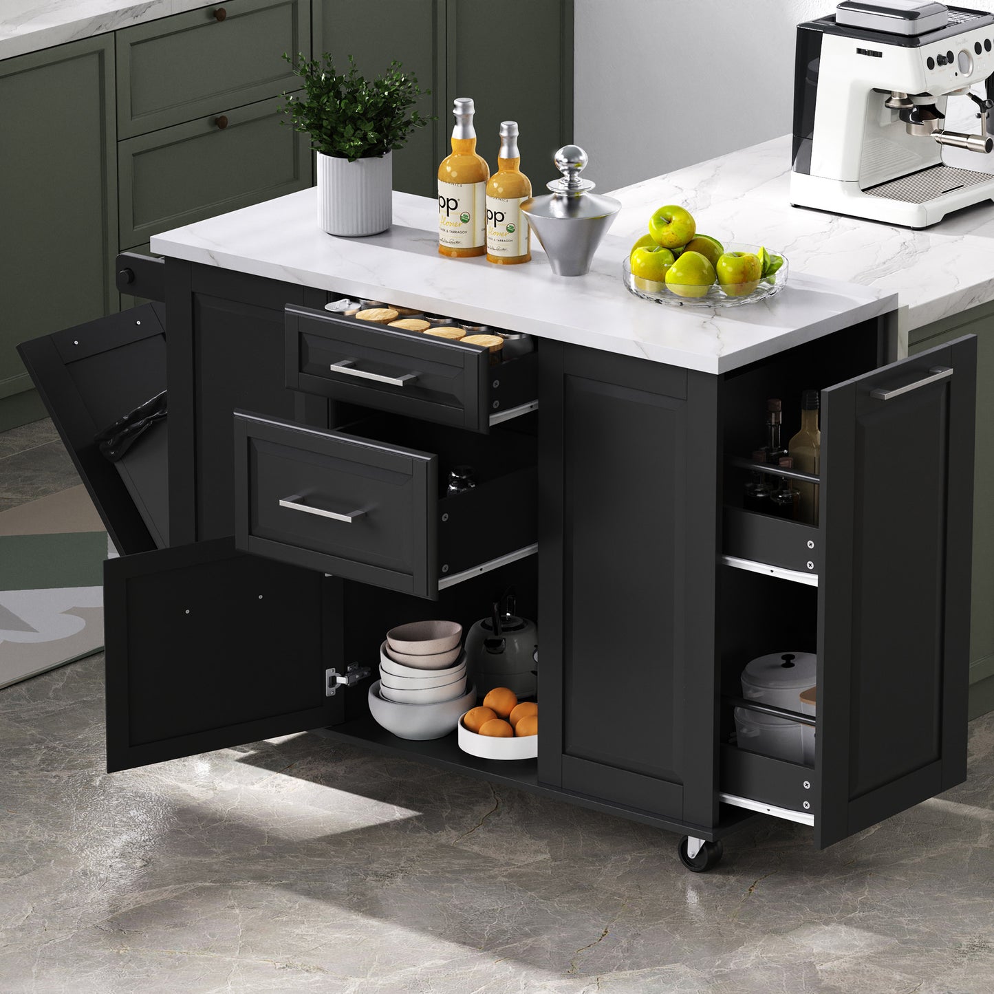 K&K 50.7' Kitchen Island with Storage Tilt Trash Can Cabinet and Pull Out Cabinet Organizer, Rolling Kitchen Island on 5 Wheels with Drop Leaf, 2 Drawers, 1Door for Kitchen, Dining Room, Black