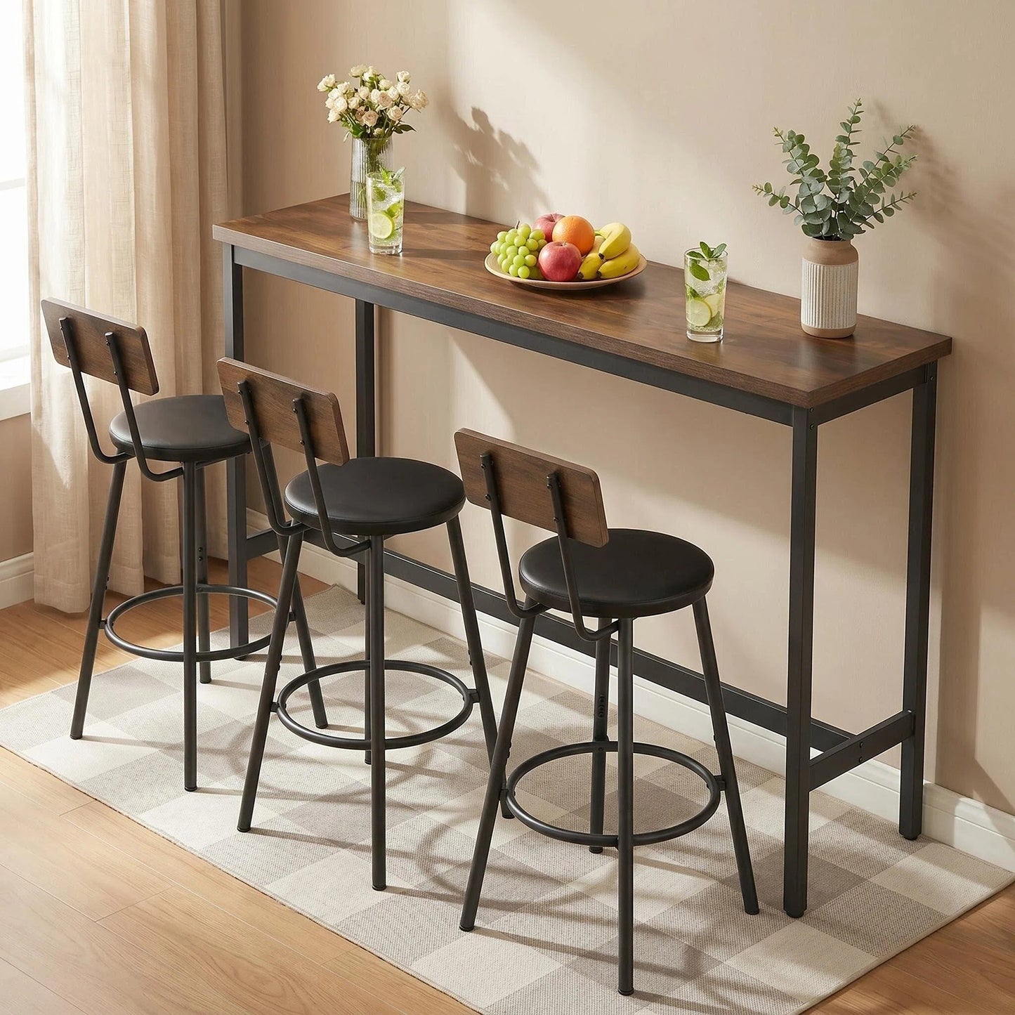Bar Table and Chairs Set for 3, 4 Piece Industrial Dining Table Set with 3 PU Upholstered Bar Stools, Bar Table Set for Kitchen, Dining Room, Living Room, Bar, Cafe, Small Space Corner, Rustic Brown