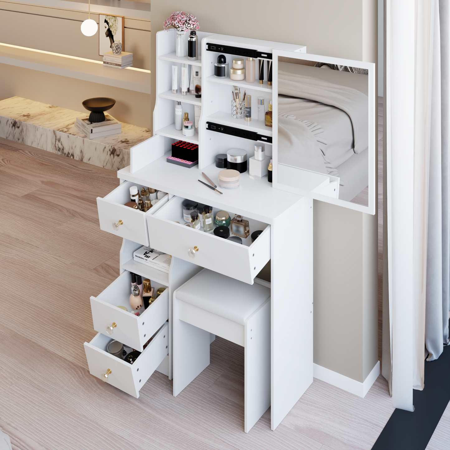 29.2' Small Space Left Drawer Desktop Vanity Table + Cushioned Stool, Extra Large Right sliding mirror, Multi Layer High Capacity Storage, Practical Fashionable Dresser, Suitable For Small Space