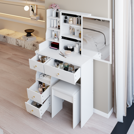 29.2' Small Space Left Drawer Desktop Vanity Table + Cushioned Stool, Extra Large Right sliding mirror, Multi Layer High Capacity Storage, Practical Fashionable Dresser, Suitable For Small Space