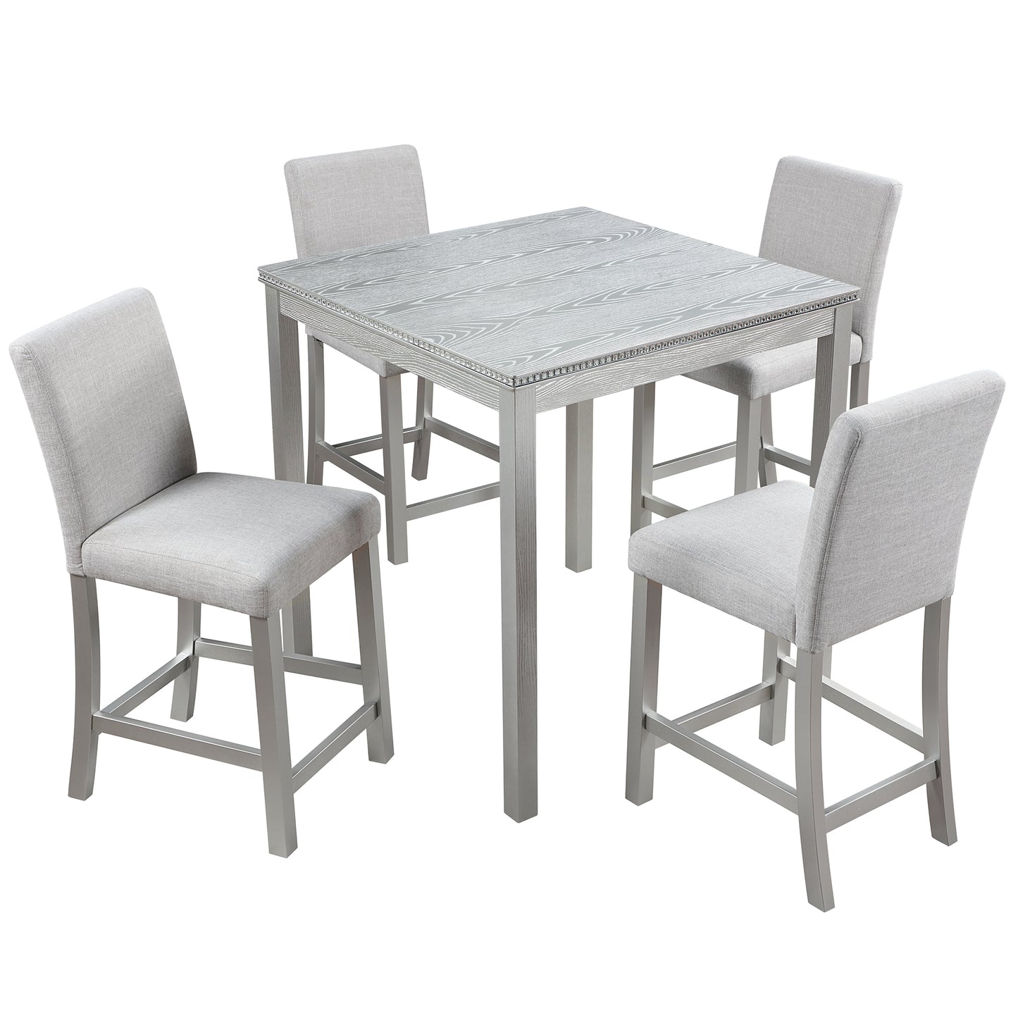 5 Piece Counter Height Table Set, Wooden Kitchen Table Set with Square Table and 4 Upholstered Chairs, Counter Height Dining Table with Crystal Decoration and Chair Set, Silver Grey