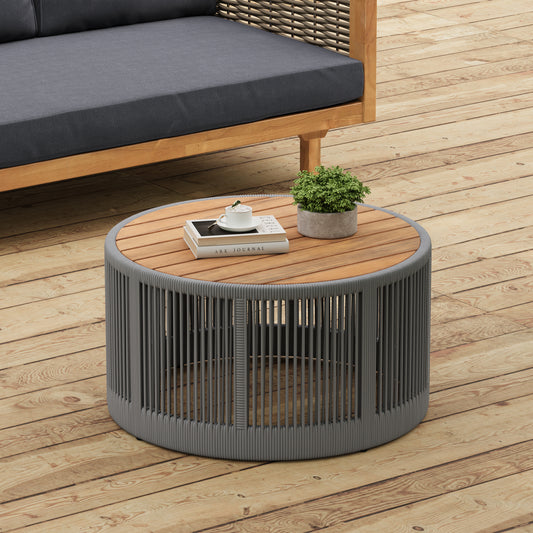 Outdoor Rattan rope & Acacia Wood Coffee Table - Patio Balcony Furniture for Garden, Yard, Balcony - Weather Resistant (Rope Grey, Natural Iron)