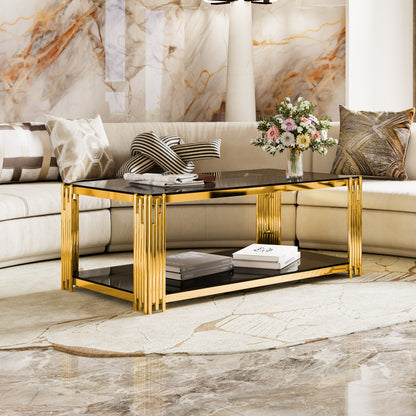 Modern Black Mirror Coffee Table,Rectangle, Asymmetrical Metal, Gold Finish & Lower Shelf, 47.5'