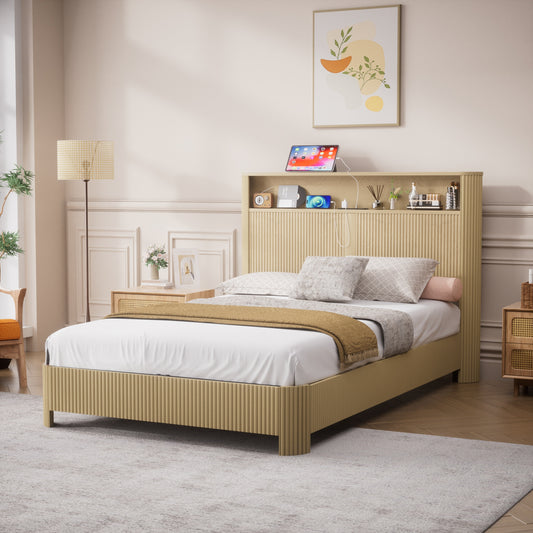 Full Extra Long(Full XL) Size bed frame with storage headboard, built-in charging station, wavy curved lines design, silent operation, metal support, Natural
