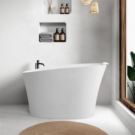 51' Solid Surface Oval Freestanding Glossy White Bathtub with Overflow and Drain Assembly, with Integral Seat and headrest, LTL