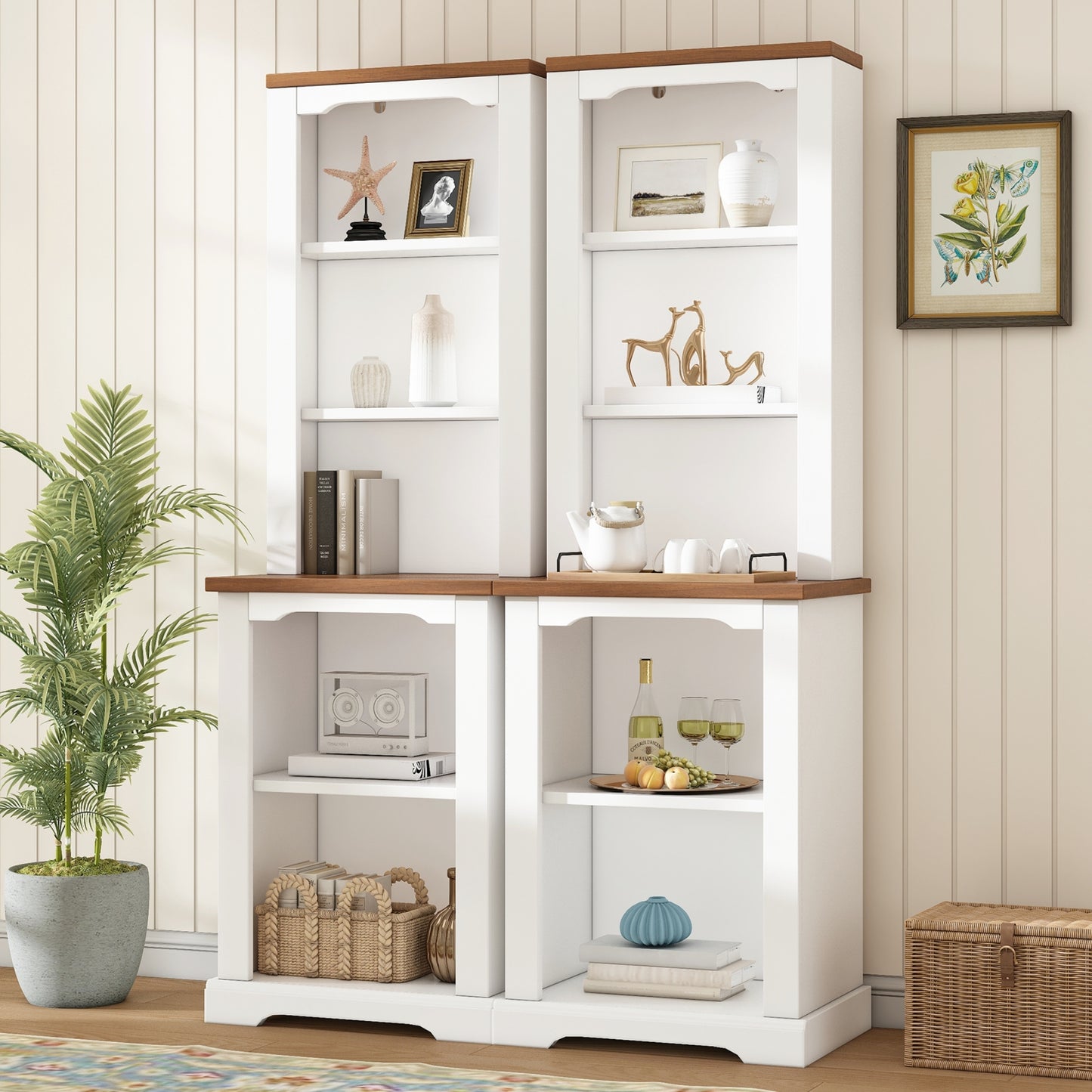 ON-TREND Two-Piece Elegant Freestanding Tall Cabinet with Fully Open Storage, Walnut Element Bookshelves with Curved Design, Stylish Display Bookcase with Anti-Tip Device for Living Room, White