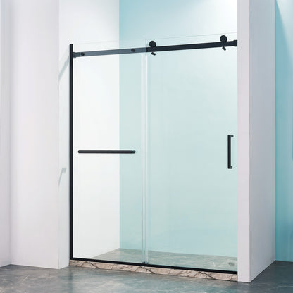 56-60'W x 75'H Semi-Frame Single Sliding Shower Door, 304 Stainless Steel in Matte Black, 5/16' (8mm) Thick SGCC Tempered Clear Glass.