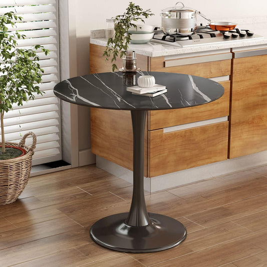 (Black Marble Color)Round Table, Modern Dining Table, Dining Table, MDF Top and Steel Base Tulip Round Kitchen Table, Kitchen Table, Mid Century Coffee Table for Living Room 24 Inch, Oval Dining Table