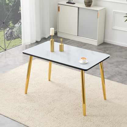 Modern minimalist rectangular dining table, suitable for 4-6 people. Tempered glass countertop+lower MDF board, imitation marble texture, gold metal tapered legs. Suitable for minimalist restaurants.