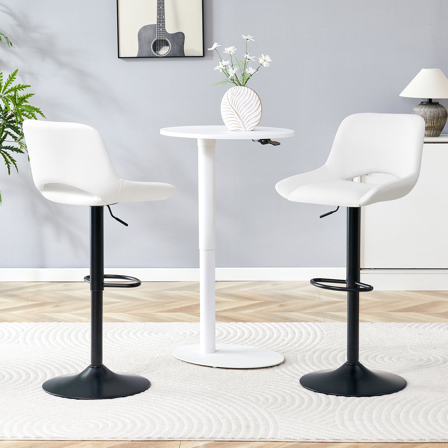 Modern Swivel Adjustable Bar Stools Set - 2 Pack, White PU Material, with Footrest, Holds Up to 250 lbs, Suitable for Home Bars and Kitchen Islands