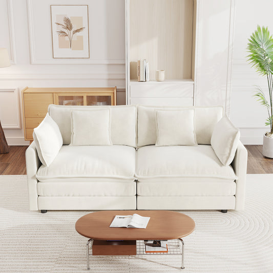Modern Fabric Loveseat Sofa Couch for Living Room, Upholstered Large Size Deep Seat 2-Seat Sofa with 4 Pillows ,White Chenille