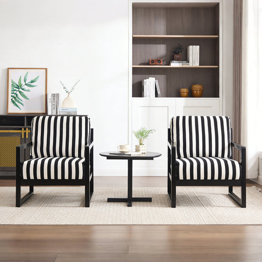 Mid-Century Modern Fabric Lounge Chair, Single Sofa Chair with Armrests, Upholstered Lounge Chair with Wooden Frame, Suitable for Living Room/Bedroom/Study,Black and white stripes(One Pack)