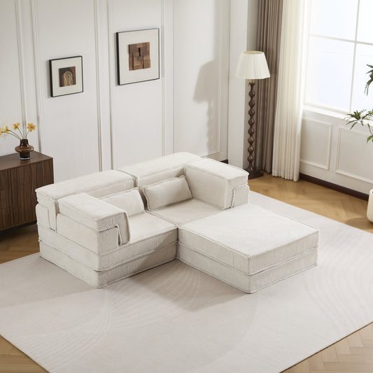Compression Mahjong Sofa,Convertible Floor Sofa Bed,DIY Boneless Modular Sectional Sofa,No Assembly Required,Circle fleece fabric,Oversized 2 Seater with 1 Ottoman,White