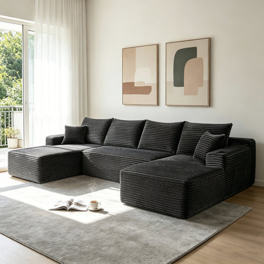 126' Cloud Sectional Sofa with U-Shape Chaise and Side Pockets and Cup holder , Modern Modular Design, Deep Seating, Upholstered Couch for Living Room/Bedroom, No Assembly Required (Plush)grey